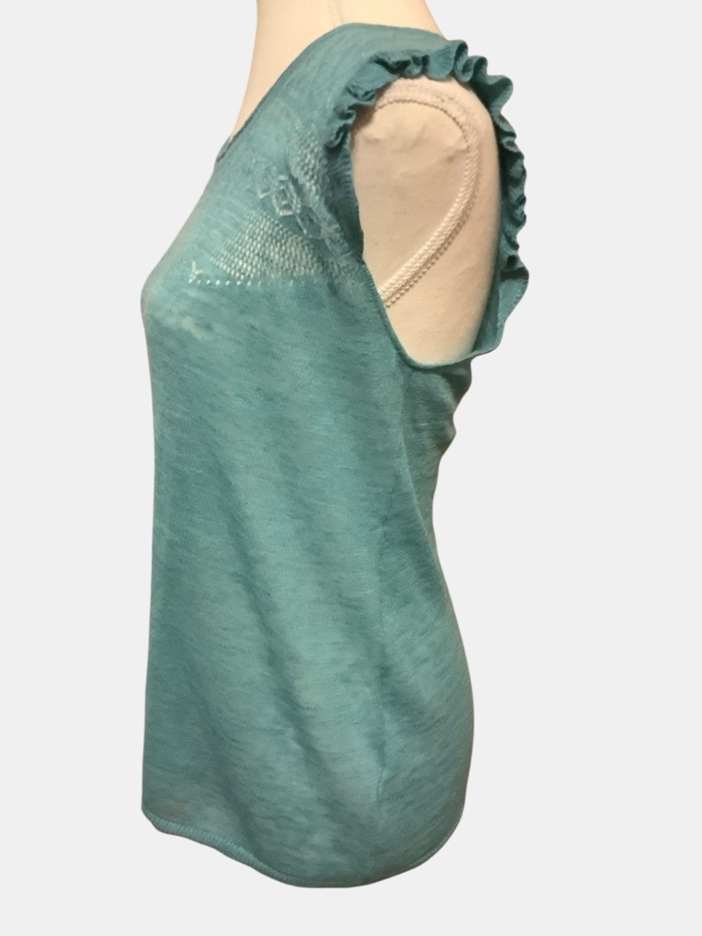 Yerse Linen Blend Knit Top Ruffle Sleeve Lace Detail Teal Size L NWT - Picture 2 of 12